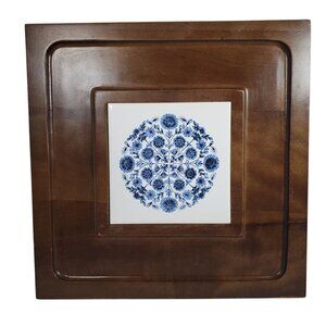VTG Haddon Hall Elegance Blue Floral Tile Wall Plaque Wood Frame 13” Kitchen Dec